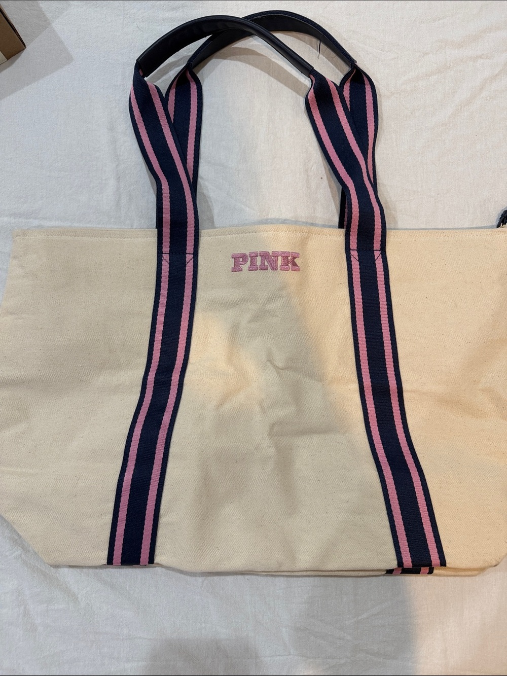 PINK Victoria's Secret Cream Canvas Tote with Navy and Pink Striped Handles